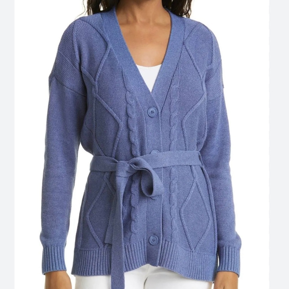 L’AGENCE Mica Cable Knit Belted Sweater in Blue Jeans - Medium